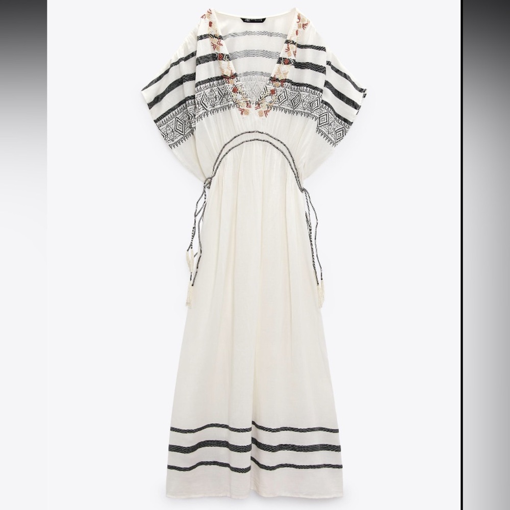 Zara White Maxi  Beach Dress with Black and Brown Embroidery